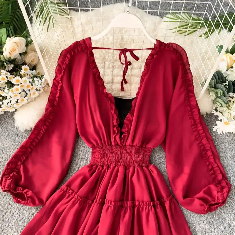 Шифоновое платье принцессы с глубоким v-образным вырезом рукавом 2020 и воланом |