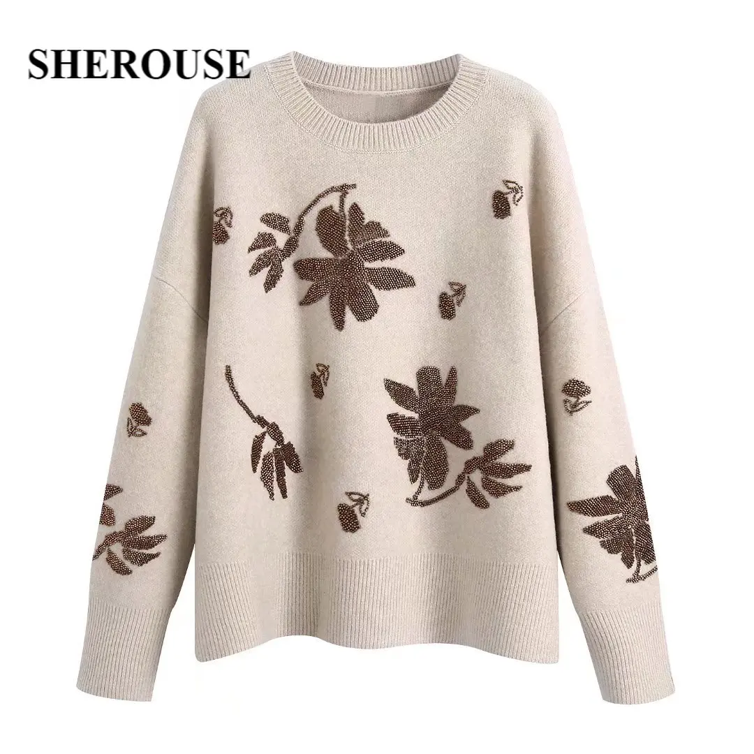 

Sherouse Women Fashion Knit Sweater with Beading Long Sleeves O-Neck Casual Woman Knitted Sweaters Pullover Chic Knitwear