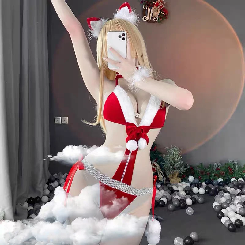 

Christmas Bodysuit Bikini Set Velvet Plush Women Backless Cute Bunny Girl Tempatation Bow Erotic Costumes With Cat Ear Cosplay