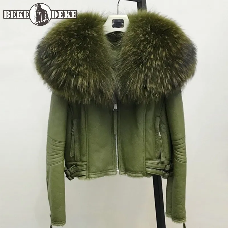 

Женская короткая куртка из натуральной кожи, уличная теплая мотоциклетная куртка с воротником из меха енота и мехом енота, для зимнего сезо...