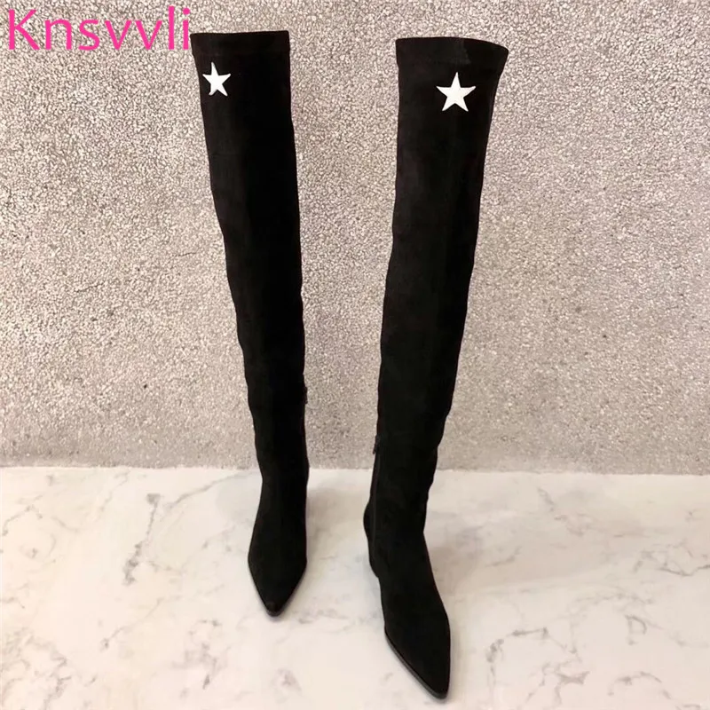 Новинка Черные Сапоги выше колена из флока женские пикантные высокие сапоги с