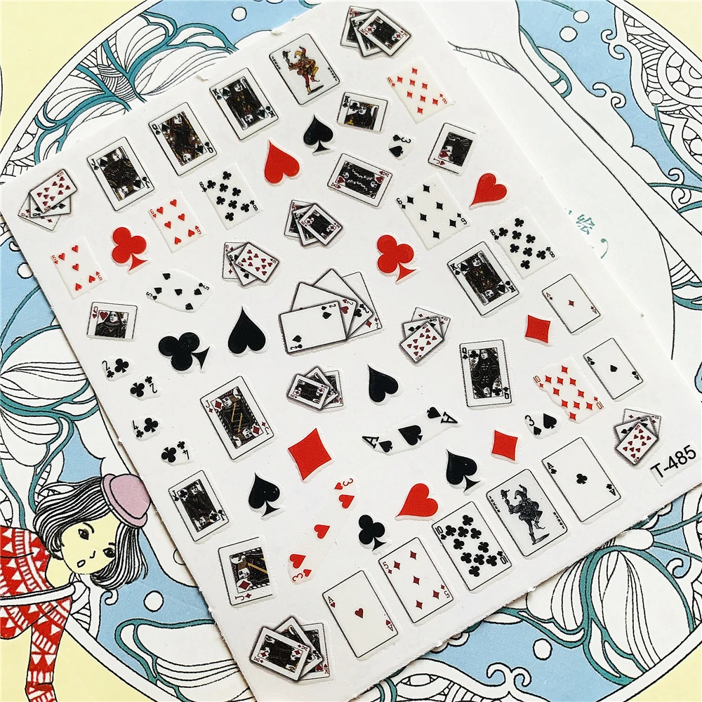 

T-485 T-488 Playing Cards Spades-Hearts-Square Pieces 3D Back glue Nail Art Stickers Decals Sliders Nail ornament decoration