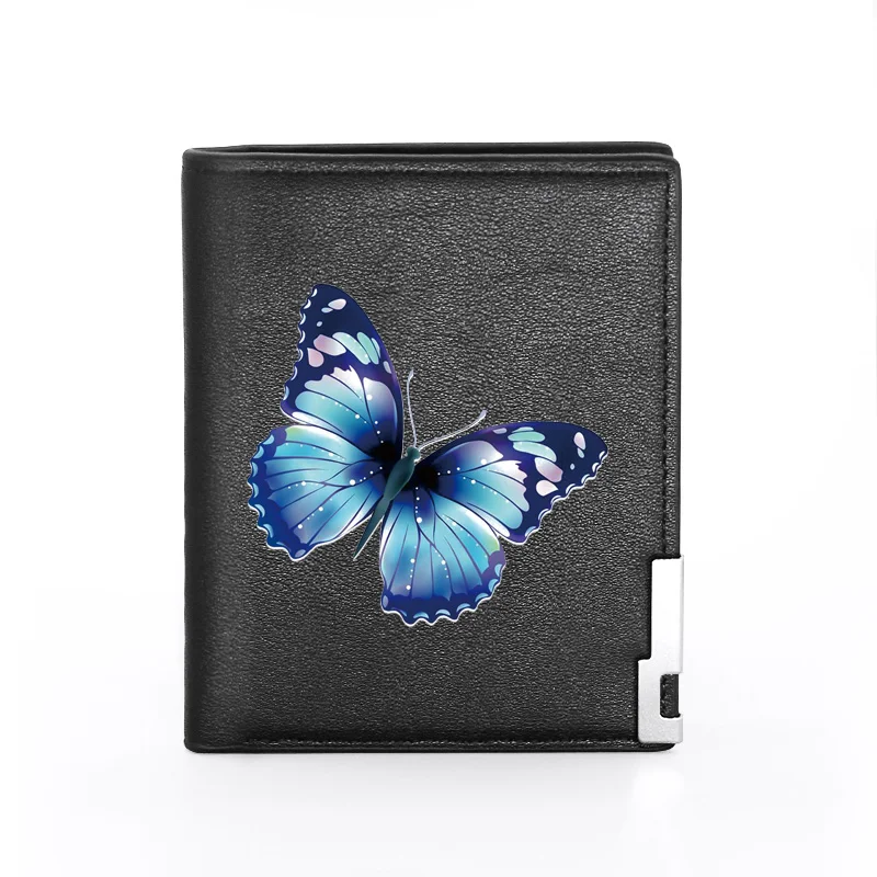 

Charm Fashion Blue Vutterfly Printing Black Pu Leather Wallet Women Bifold Credit Card Holder Short Purse Male