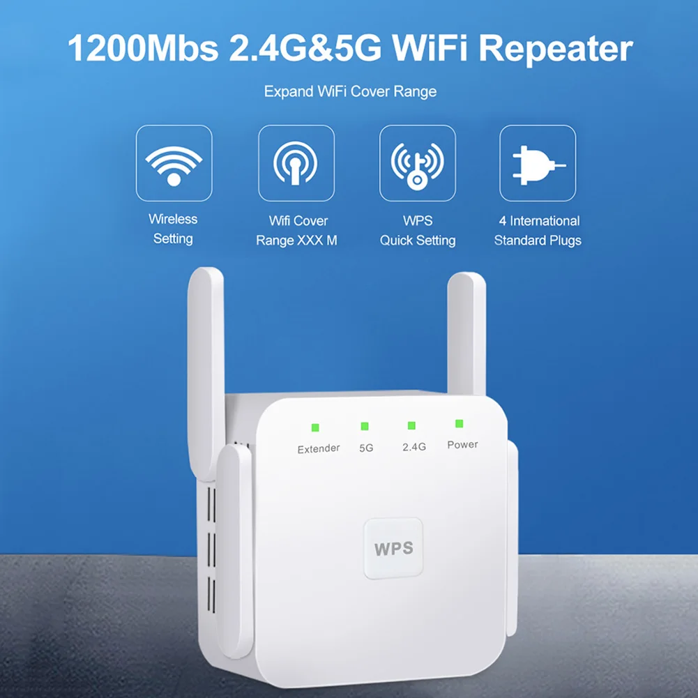 

EU Plug 1200Mbps WiFi Repeater 5.8GHz Wi-Fi Range Extender 4-Antenna 2.4GHz AP for Household Computer Accessories
