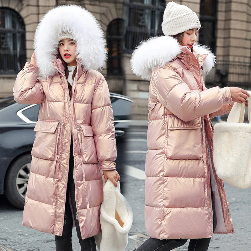 EHQAXIN Winter Women Hooded Down Jacket 2021 Fashion Loose Thick Fur Collar Cotton Coat Korean Glossy Long Coat M-2XL