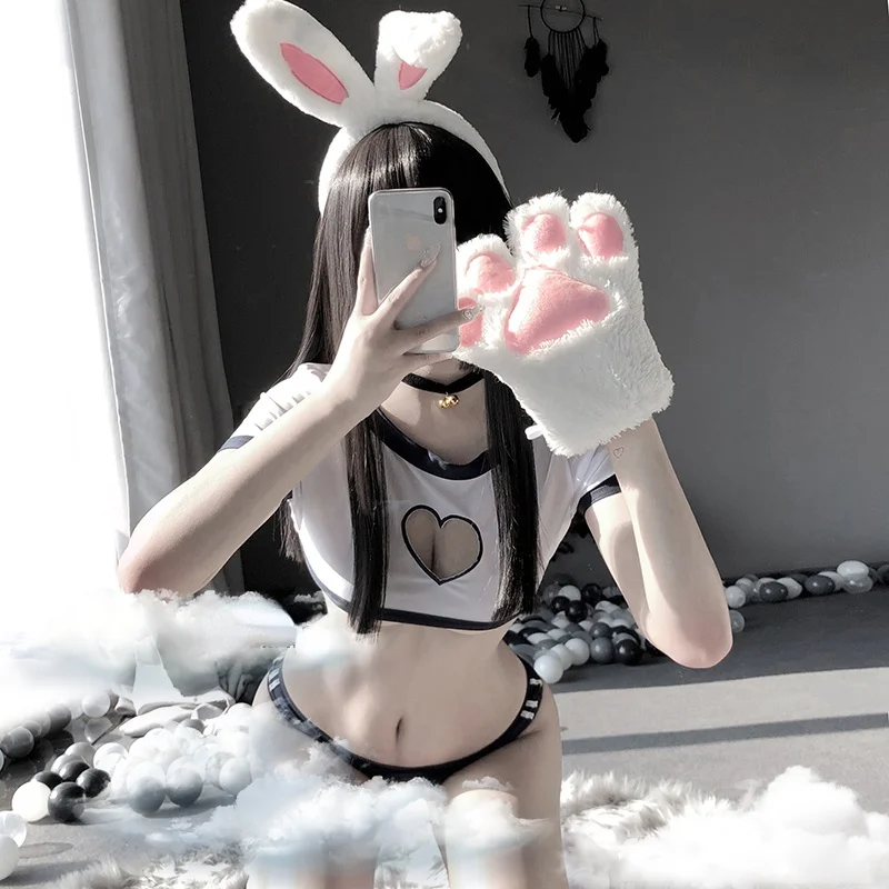

Japanese Sweet Student Role Play Costume Rabbit Tail School Girl Uniform Sexy Heart Hollow Open Chest Erotic Lingerie