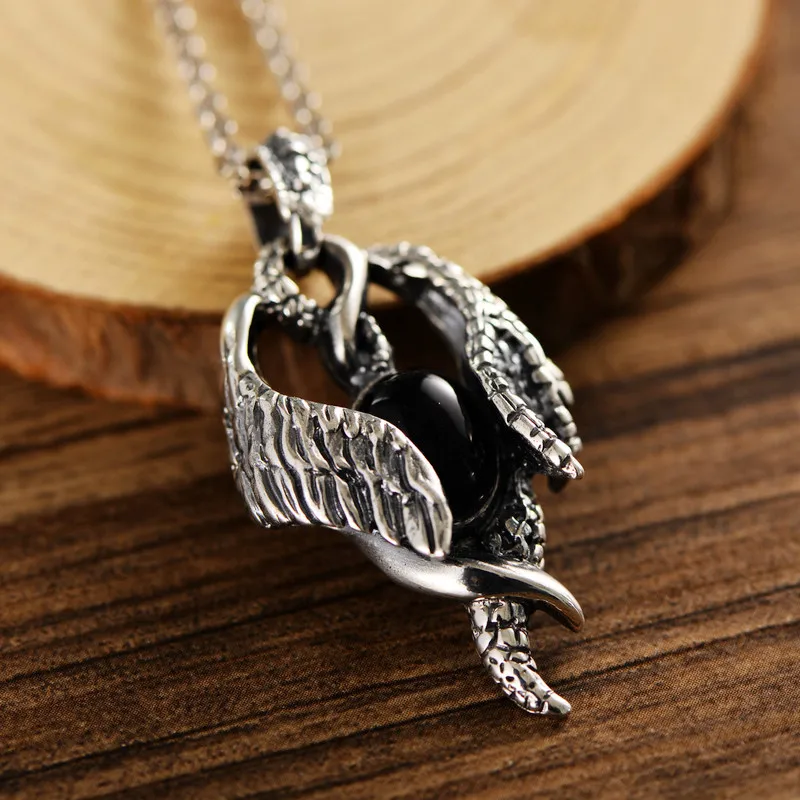 

MeiBaPJ Real S925 Sterling Silver Retro Tyrannosaurus Rex Wing Black Agate Pendant Exquisite Commemorative Party Gift Jewelry
