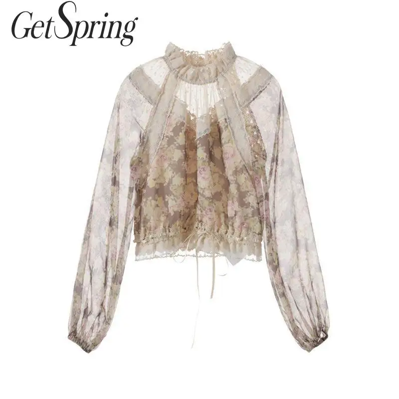 Getвесна женская блузка короткий топ Ретро стиль шифоновая сетка сплайсированный