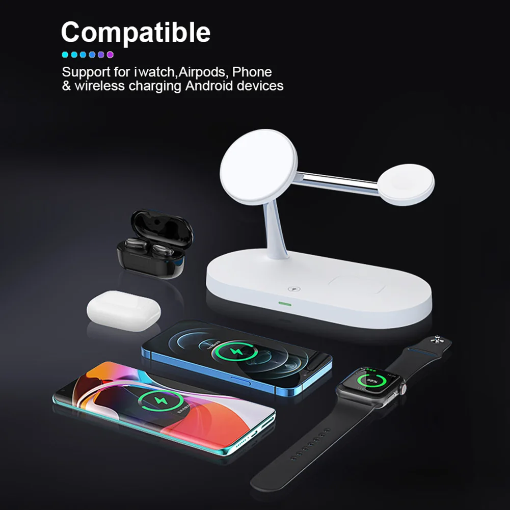 

5 in 1 15W Wireless Charger Stand Dock for iPhone12 iWatch Airpods With Light Fast Charging Dock Station Phone Holder