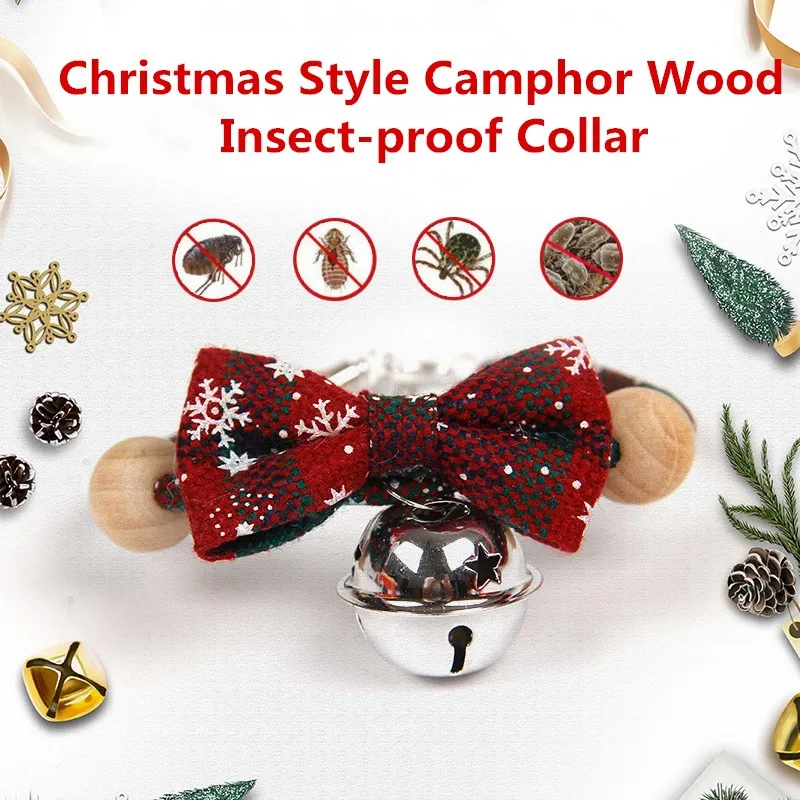 

Christmas Pet Camphor Wood Collars Dog Cats Bow Bells Adjustable Collar Pet Supplies Prevent Fleas Louse Decoration