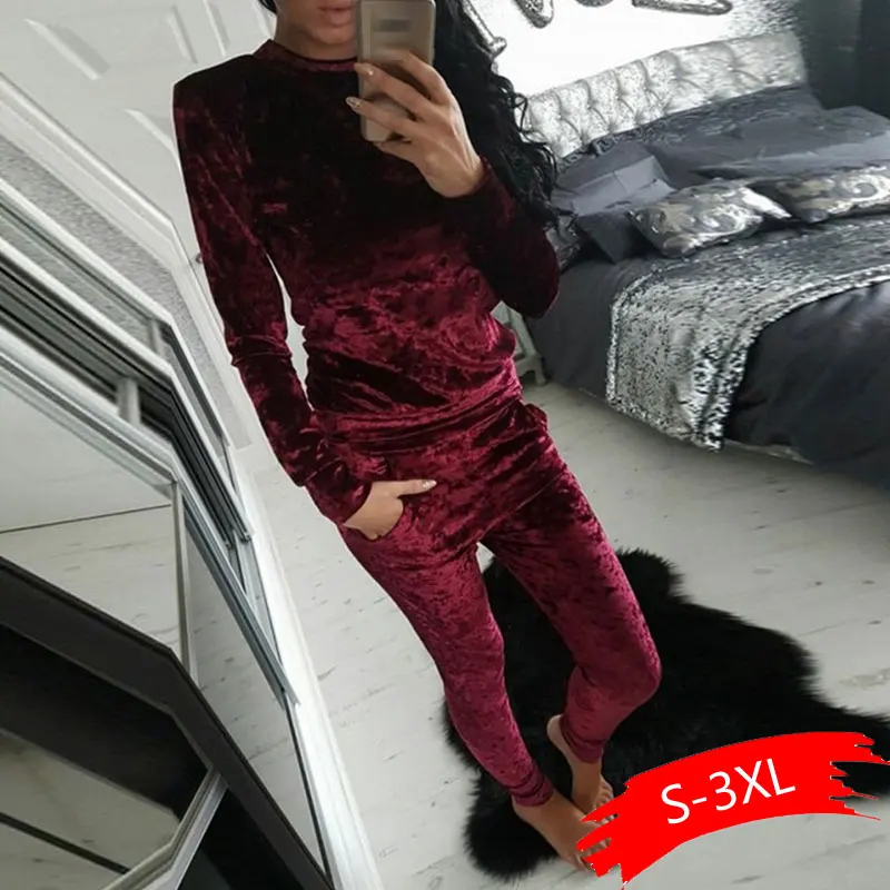 Женский бархатный костюм из топа с длинным рукавом и брюк|Спортивные костюмы| |