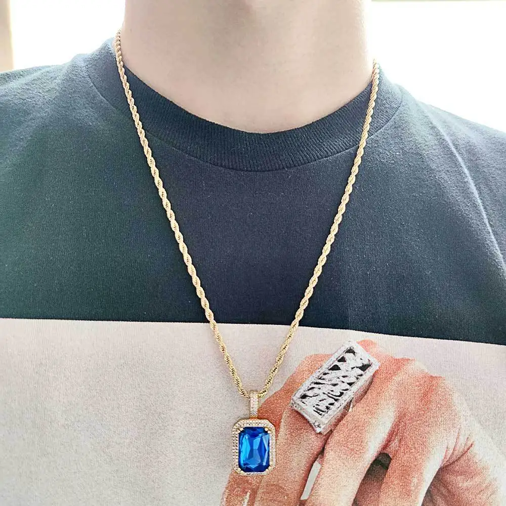 

Hot Hip Hop Square Colored Gemstone Pendant Boutique Micro-Inlaid Zircon Hip Hop Necklace Jewelry