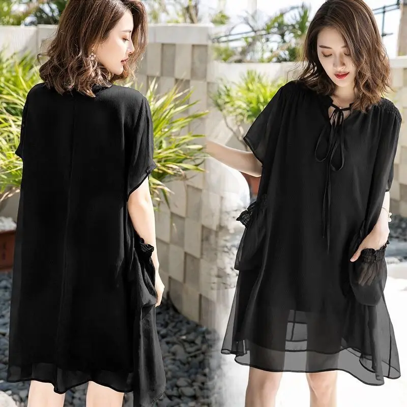 

Female 2021 Summer Chiffon Midi Dress Short Sleeve Vintage Plus Size Solid Elegant Women Bodycon Party Dresses Vestidos X25
