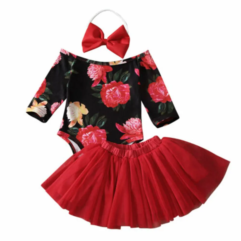 

Newborn Baby Girls Clothes Set Off Shoulder Long Sleeve Floral Print Romper Jumpsuit Christmas Tutu Skirt Headband Outfit Sets
