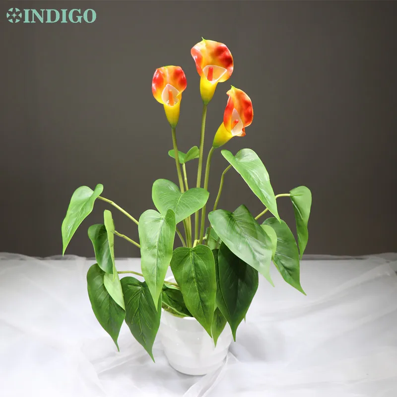 

INDIGO- Sunset Calla Bouquet (18Pcs Leaves+3Pcs Flowers + Vase) Real Touch Wedding Flower Christmas Party Table Decoration
