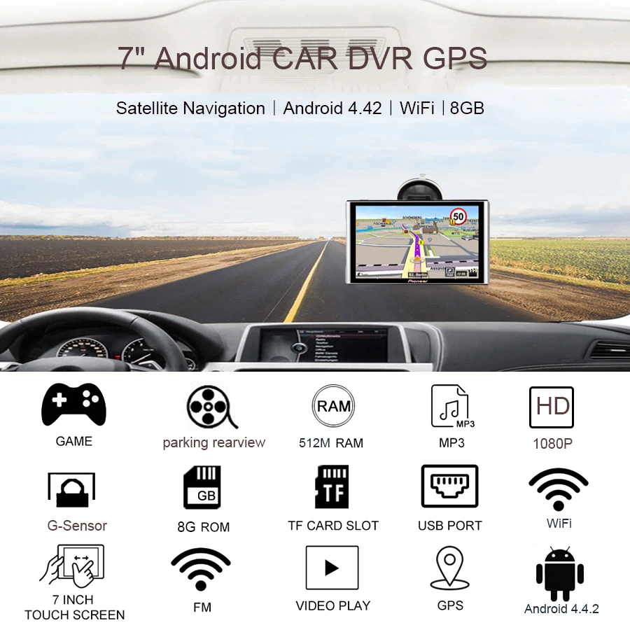 Автомобильный видеорегистратор 7 дюймов с GPS навигацией двойной камерой Android WiFi
