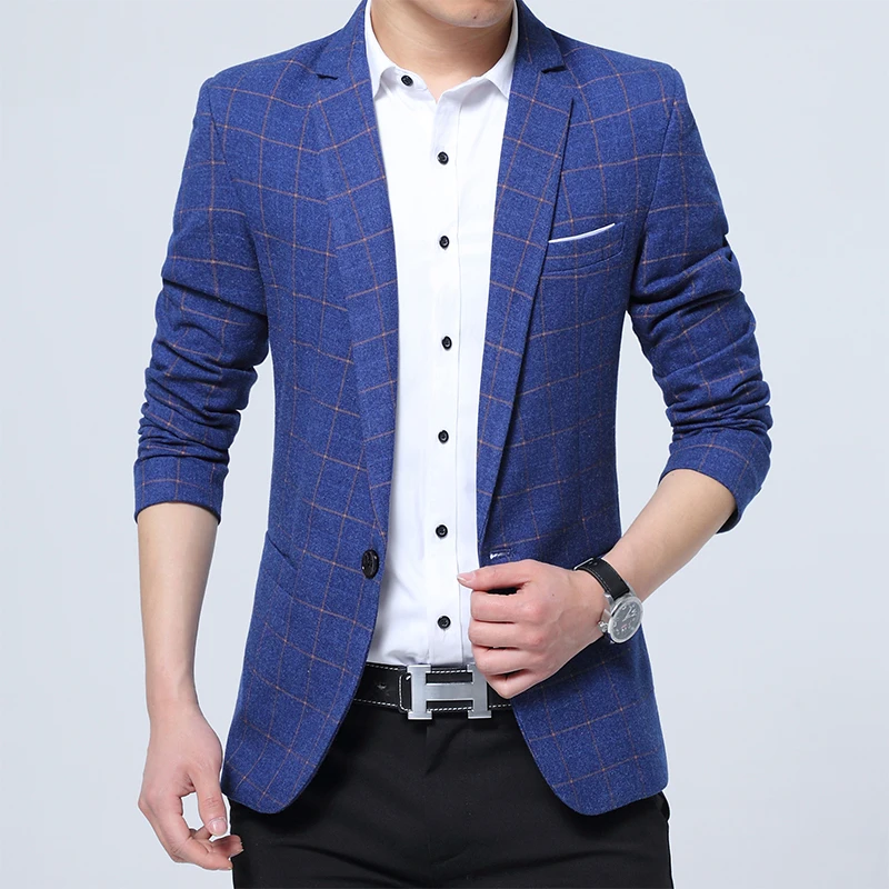 

Men Autumn Fashion Blazer Slim Fit Plaid Business Suit Jacket Leisure One Button Fine Fabric Polyester Mens Designer Blazers 5XL