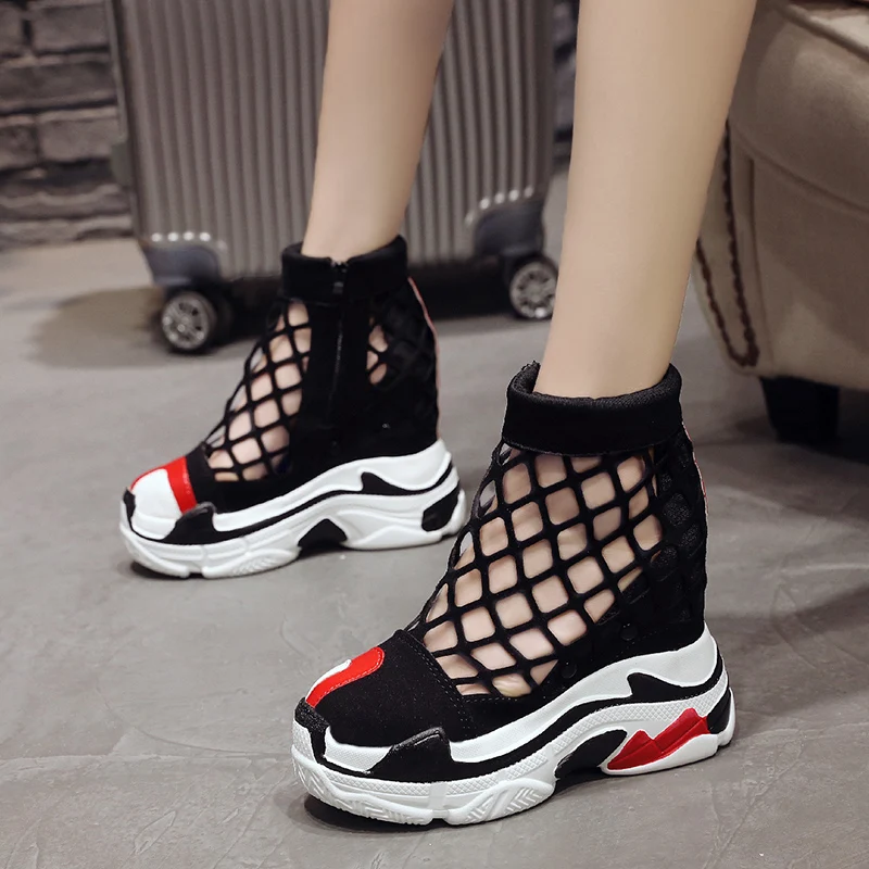 Женские кроссовки на платформе 12 см сетчатые дышащие слипоны танкетке сандалии