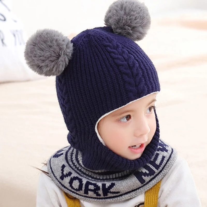 Зимняя детская шапочка с помпоном для девочки и шапка маленьких мальчиков шарф