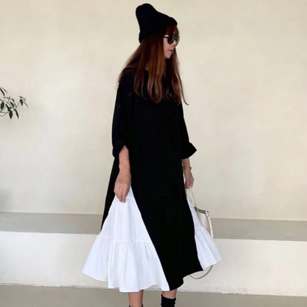 Женское Ассиметричное платье до середины икры черное или белое лоскутное