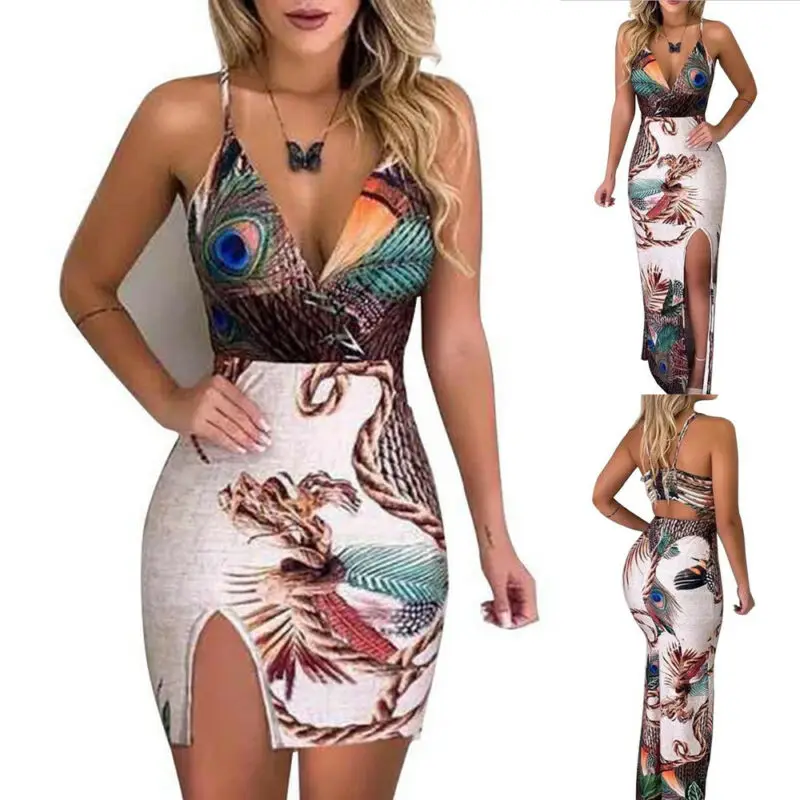 

Summer Elegant Women Sling V Neck Peacock Feather Print Split Pencil Dress Female Bodycon Mini Short Vestidos Beach Sundress