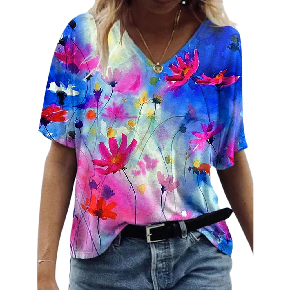 

Fashion Women's Tie Dye Print Short Sleeve V-neck Tops Summer Casual Baggy Graphic T-shirt 2021 New Harajuku Female Clothes