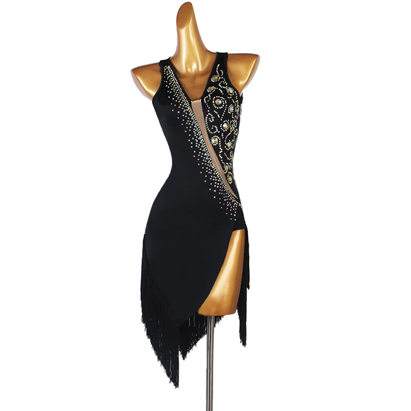 

Latin Dance Competition Dress Female Adult/Kids Custom Made Rhinestone Fringe Costumes Rumba Tango Samba Dance Clothing DQL5941