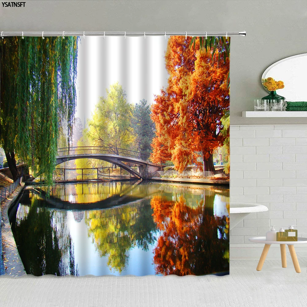 

Chinese Style Garden Landscape Shower Curtain Bridge Tree River Pavilion Forest Bathroom Supplies Fabric Home Decor With Hooks