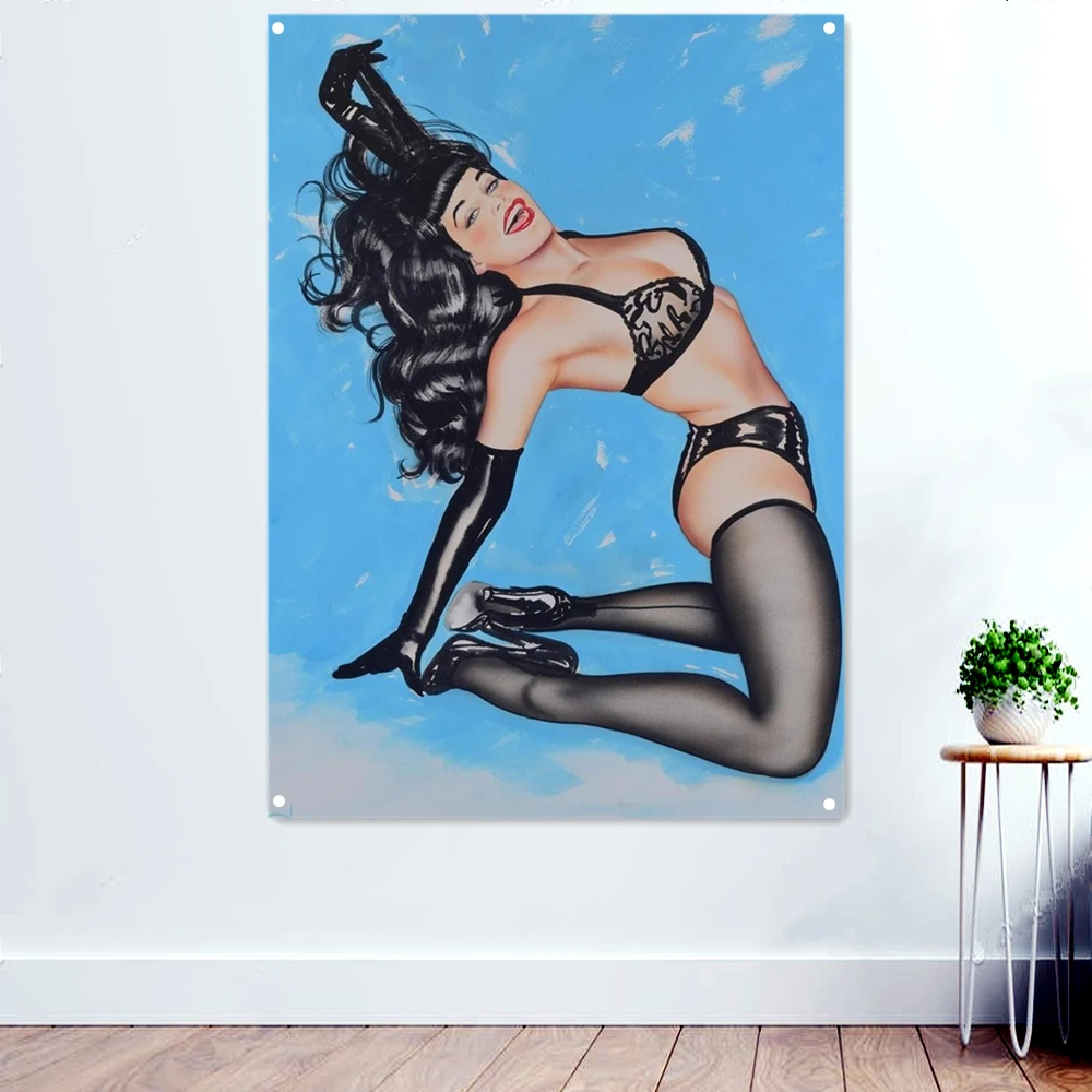 

Sexy Lady American Pin up Poster Banner Flag Retro Art Painting Printed Tapestry Wall Decor Home Cafe Bar Decor Wall Picture F6