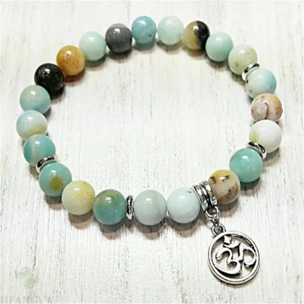 

8mm Glossy Amazonite Stone Elastic Rope Om Pendant 7.5 Inches Suitable For Blessing Yoga Mala Bracelet