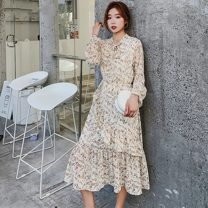 Mozuleva Floral Print Chiffon Women Dress Lace Up Collar Irregular Ruffles Female Long Vintage Flare Sleeve A-line Vestido | Женская