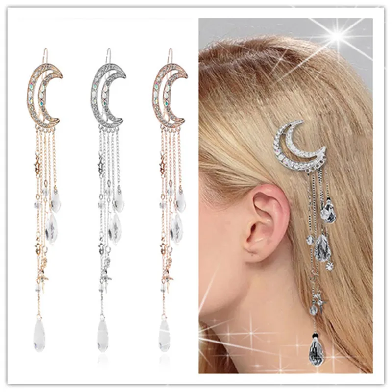 

New Fashion Hairpins Elegant Moon Crystal Metal Tassel Long Hair Clips Hair Clipsor Women Fashion Party Hair Accessories