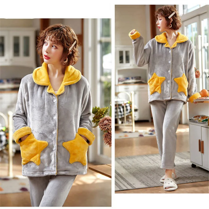 Thick Winter  women Pajamas  Sleepwear Warm Flannel Pajama Long Sleeves Cute Stars Animal Homewear Home Suit