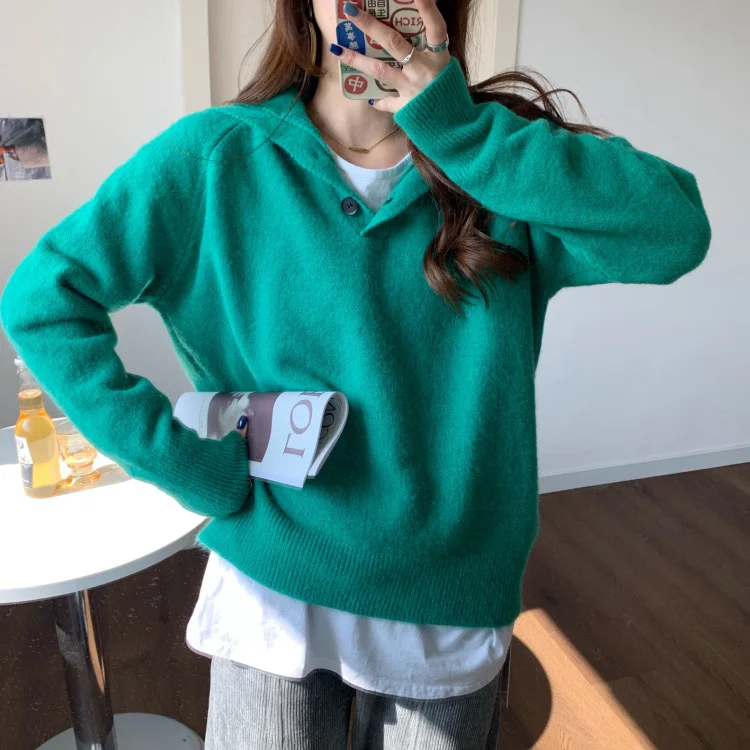 

OMCHION Korean Turtleneck Button Sweater Women 2021 Autumn Winter Solid Loose Knitted Top Casual Oversized Pullover Chic Jumper