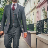 jeltonewin winter wool grey herringbone plaid gentleman business tweed men suits groom wedding suits for men 3 pieces tuxedo