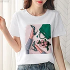 Женская Повседневная футболка большого размера в Корейском стиле, Белый Топ, модная женская футболка Harajuku, сексуальная красивая футболка с цветочным принтом и круглым вырезом