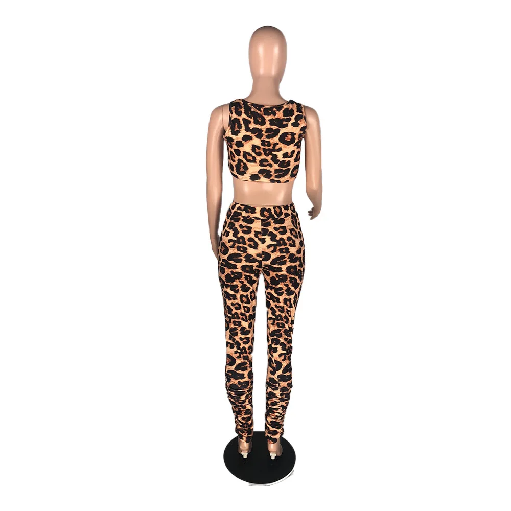 

Leopard fashion sporty women two piece tracksuit set sleeveless tank crop top + high waist stacked joggers legging pants suit