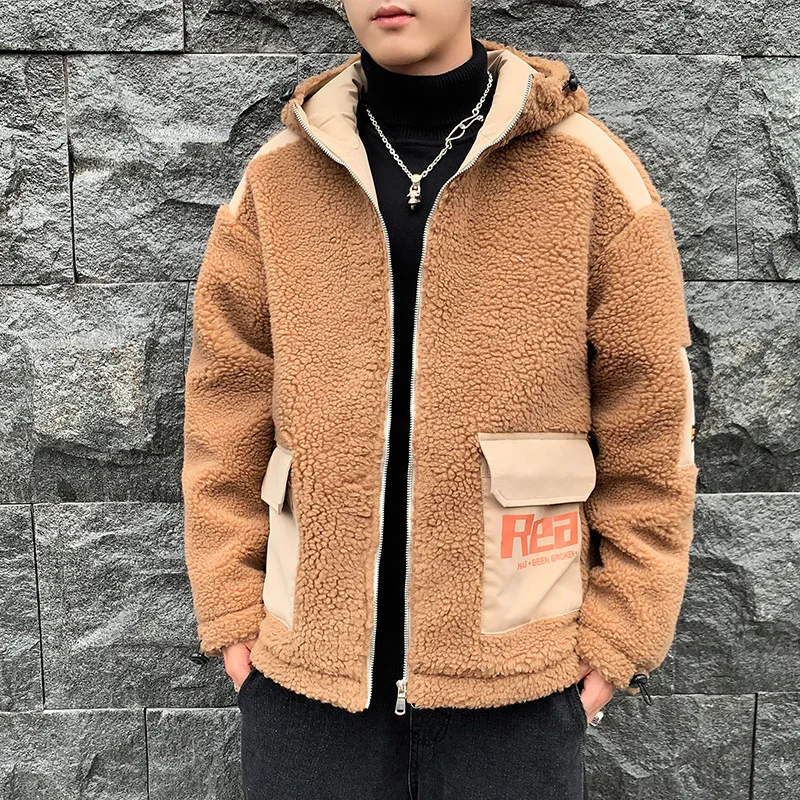 New Winter Men's Fur Fleece New Fashion Coat Overcoat Male Lapel Warm Fluff Gray Zipper Hooded Jacket Outerwear Plus Size