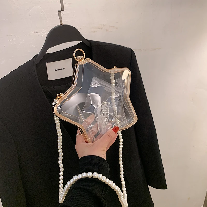 

Женская прозрачная сумка-Кроссбоди со звездами, Роскошный дизайнерский маленький саквояж на цепочке с жемчугом, мессенджер на плечо, кошел...