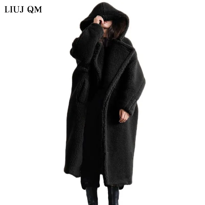 Teddy Bear Jacket Winter Faux Fur Coat Women 2021Black Belted Wool Coat Hooded Long Warm Parkas Female Warm Oversized Overcoat