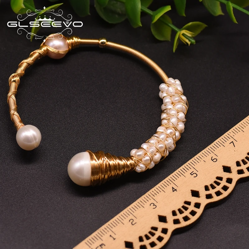

GLSEEVO Natural Freshwater Pearl Cuff Bracelet For Women Wedding Love Gift Handmade Luxury Jewelry Bangle Accessories GB0918