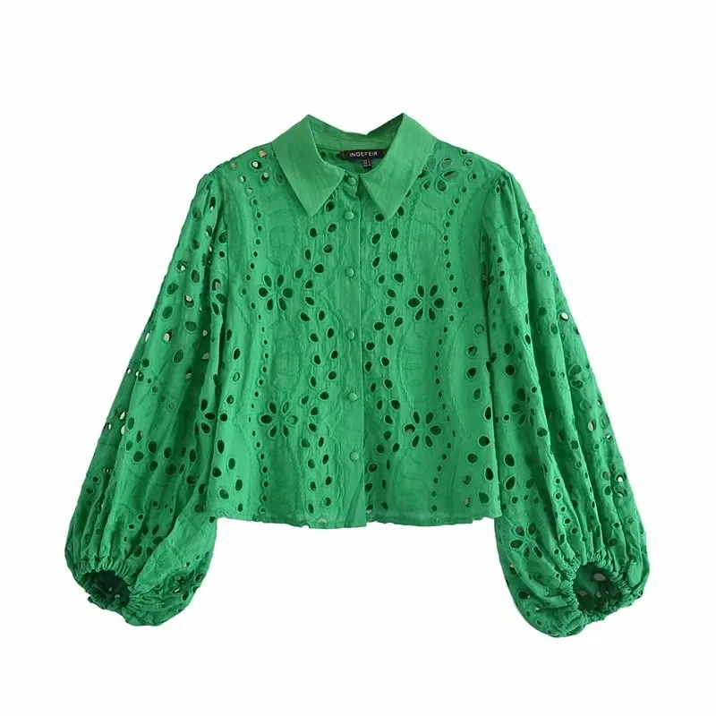 

Women Sexy Hollow Out Embroidery Green Short Smock Blouse Office Lady Lantern Sleeve Casual Shirt Chic Blusas Tops 2021
