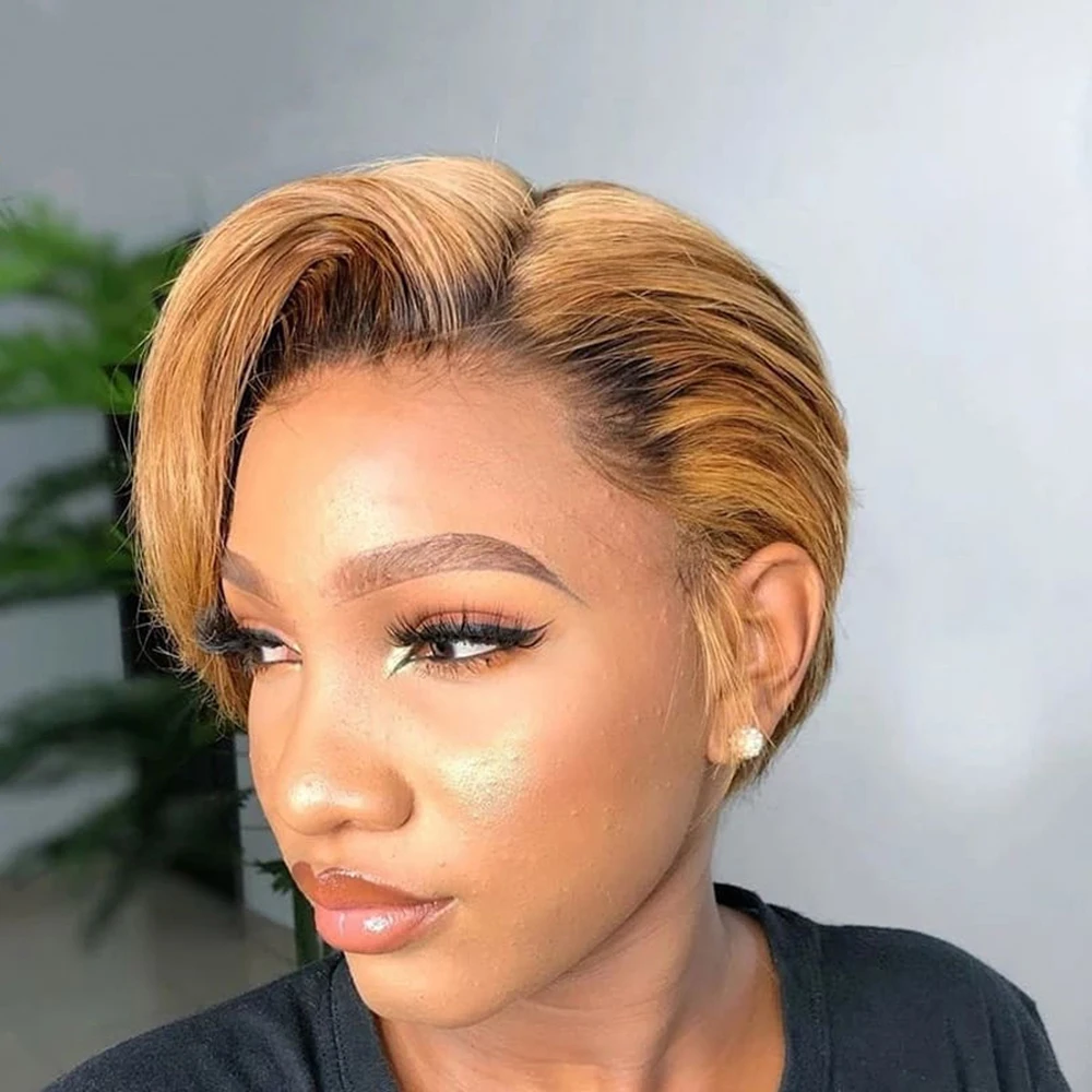 

Short Pixie Cut Human Hair Wig with Bangs Highlight Honey Blonde Ombre Color Brown Burgundy Black Cheap Straight Human Hair Wigs