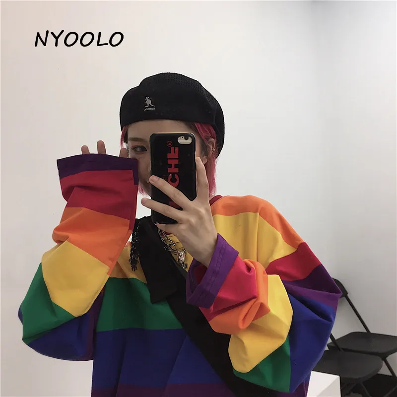 NYOOLO Harajuku винтажная Радужная полосатая Лоскутная свободная футболка Топы Осенняя уличная одежда с длинным рукавом хлопковая Футболка женская одежда