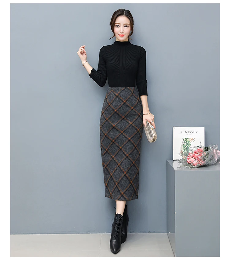 Осень зима Длинные шерстяные юбки для женщин с высокой талией клетчатые юбки-карандаш с разрезом сзади длинные теплые шерстяные юбки женские