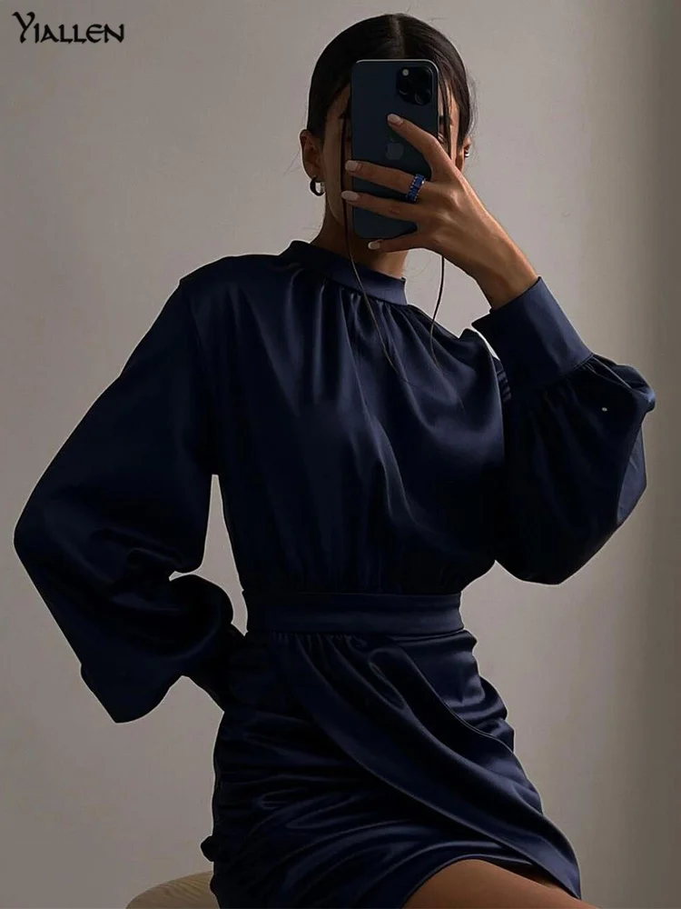 

Yiallen Autumn Elegant Solid Mini Dress For Women Half High Collar Long Sleeve Ladies Silky Straight Softy Formal Vestidos