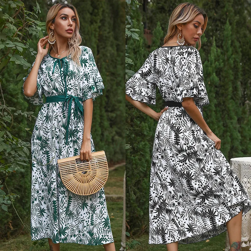 

LEOSOXS Summer Boho Chiffon Print Belt V Neck Lotus Leaf Sleeve Lace Long Skirt Women's Dress 2021 New Fashion Casual Lady Dress
