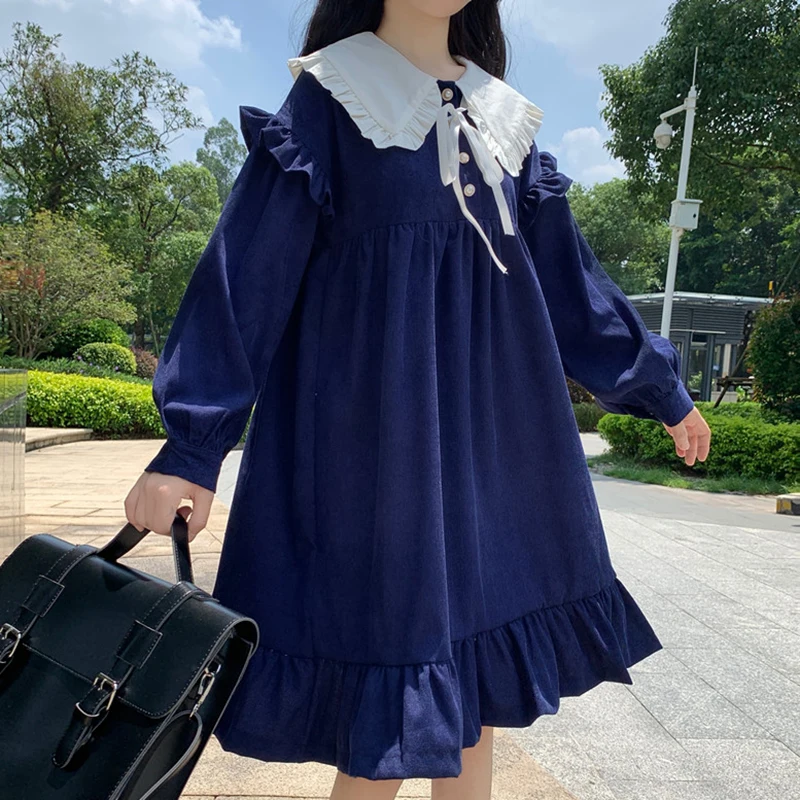 Japanese Lolita Navy Collar Pearl Button Tea Party Puff Sleeve Loose Corduroy Sweet Dress Gothic Lolita dress