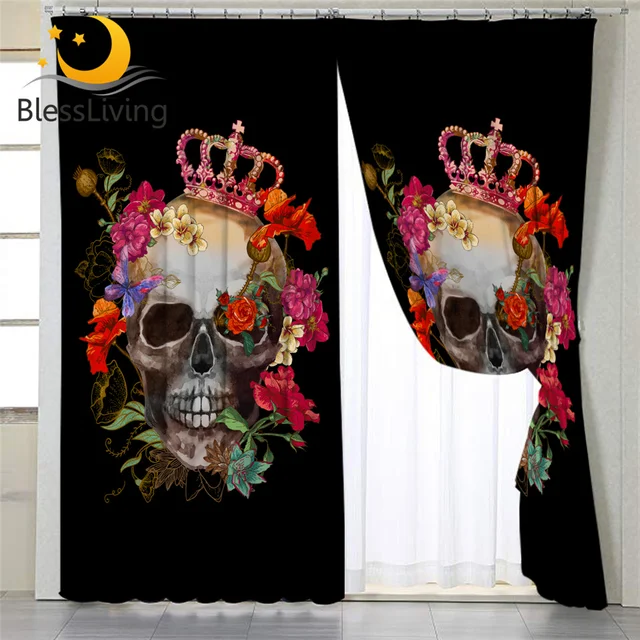 BlessLiving Sugar Skull Window Curtains Queen Roses Window Panel Set for Living, Dining Room and Bedroom Red Curtains for Girls 1