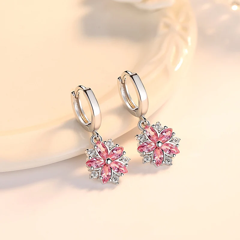 Модные розовые серьги кольца с лепестками цветов и конским глазом 925 пробы